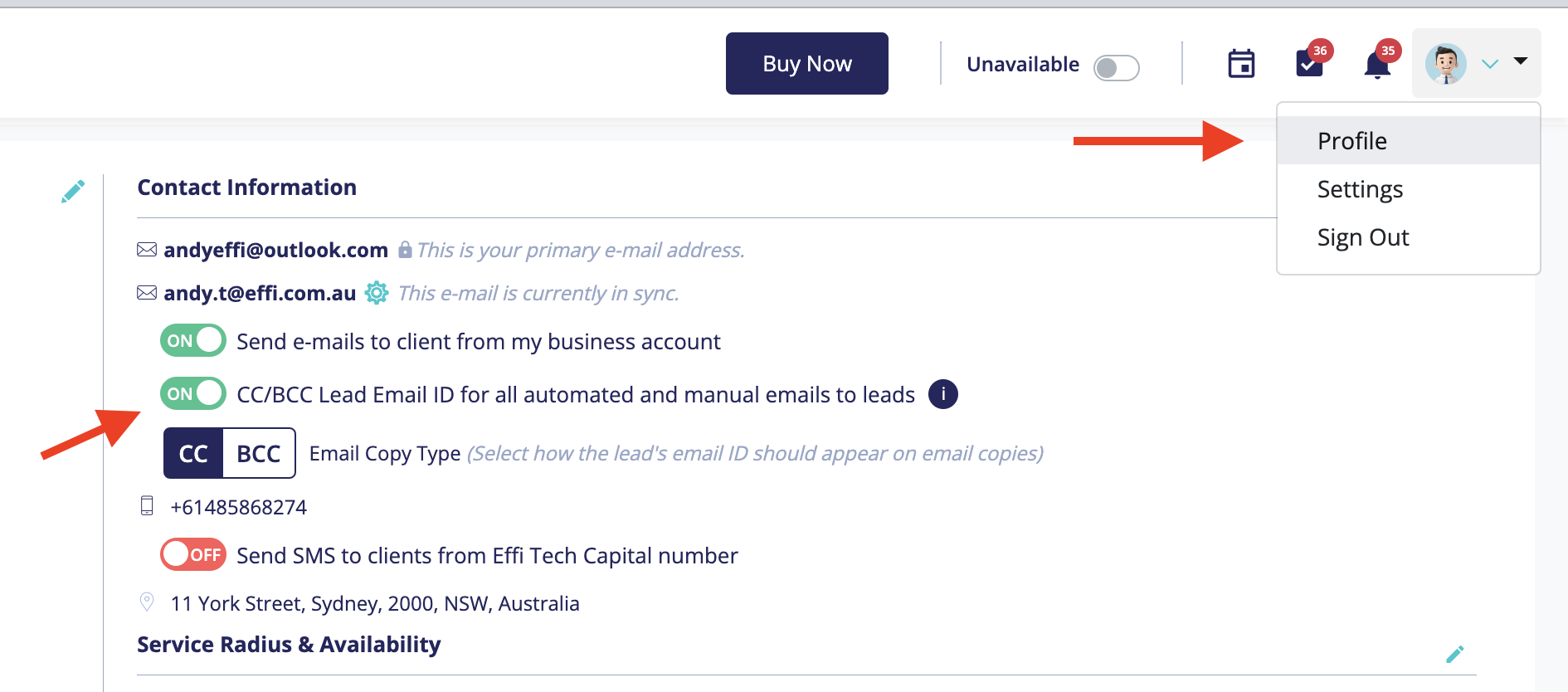 CC/BCC lead email ID option