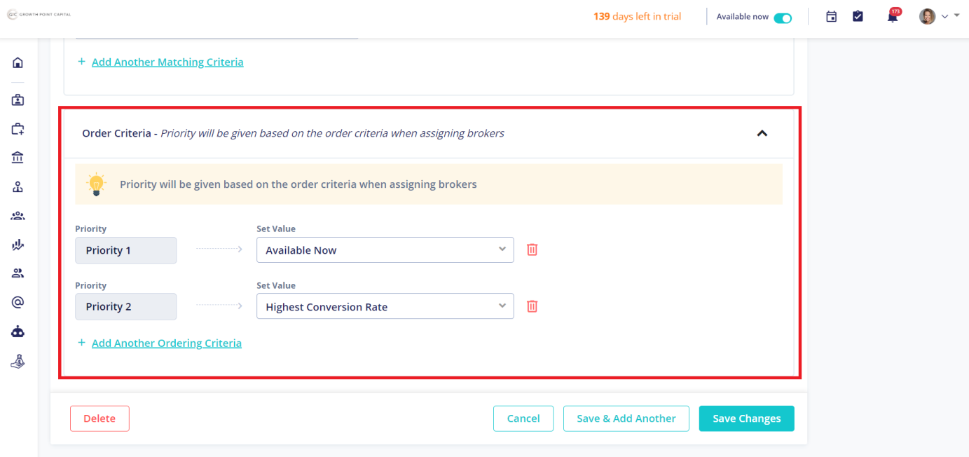 Order criteria