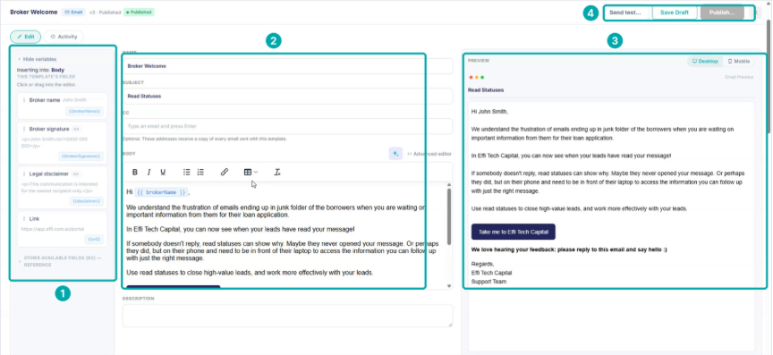 Template editor with the variables panel, fields, preview and actions highlighted
