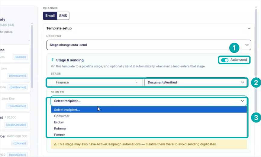 Stage and sending settings with Auto-send, stage and recipient highlighted