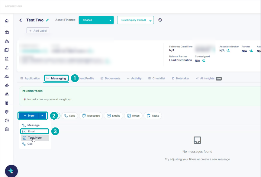 Lead Messaging tab with the New menu open