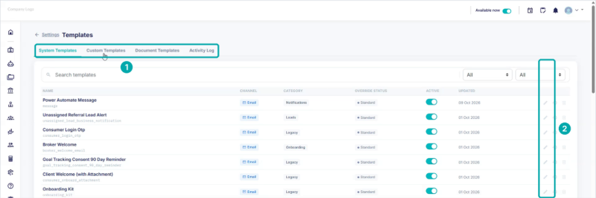 System Templates list with the tabs and pencil icons highlighted