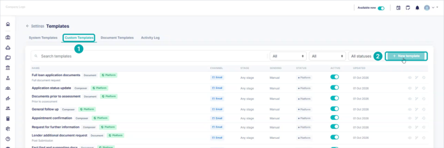 Custom Templates tab and New template button highlighted
