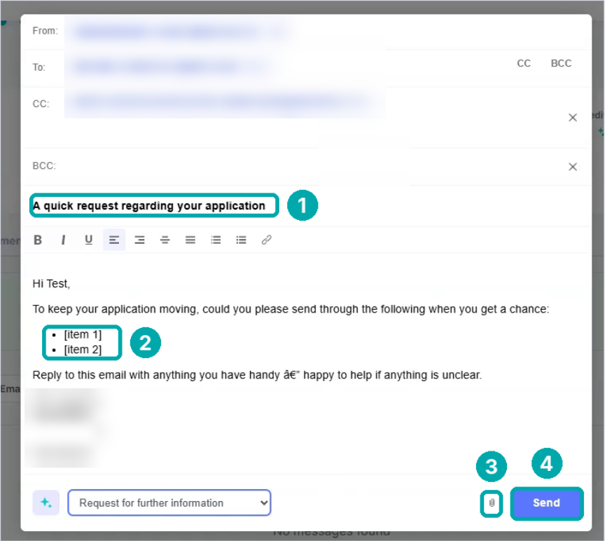 Email composer with a template inserted