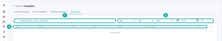 Activity Log with search, filters and columns highlighted