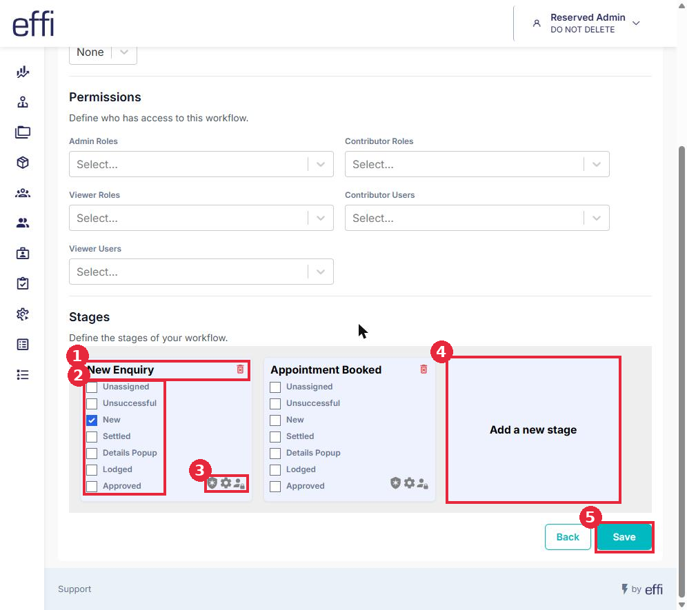 Two stages added to a workflow, with the stage name, stage type ticks, stage icons, Add a new stage and Save highlighted