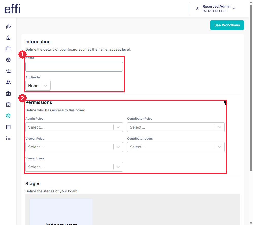 The board form, showing the Name, Applies to and Permissions fields