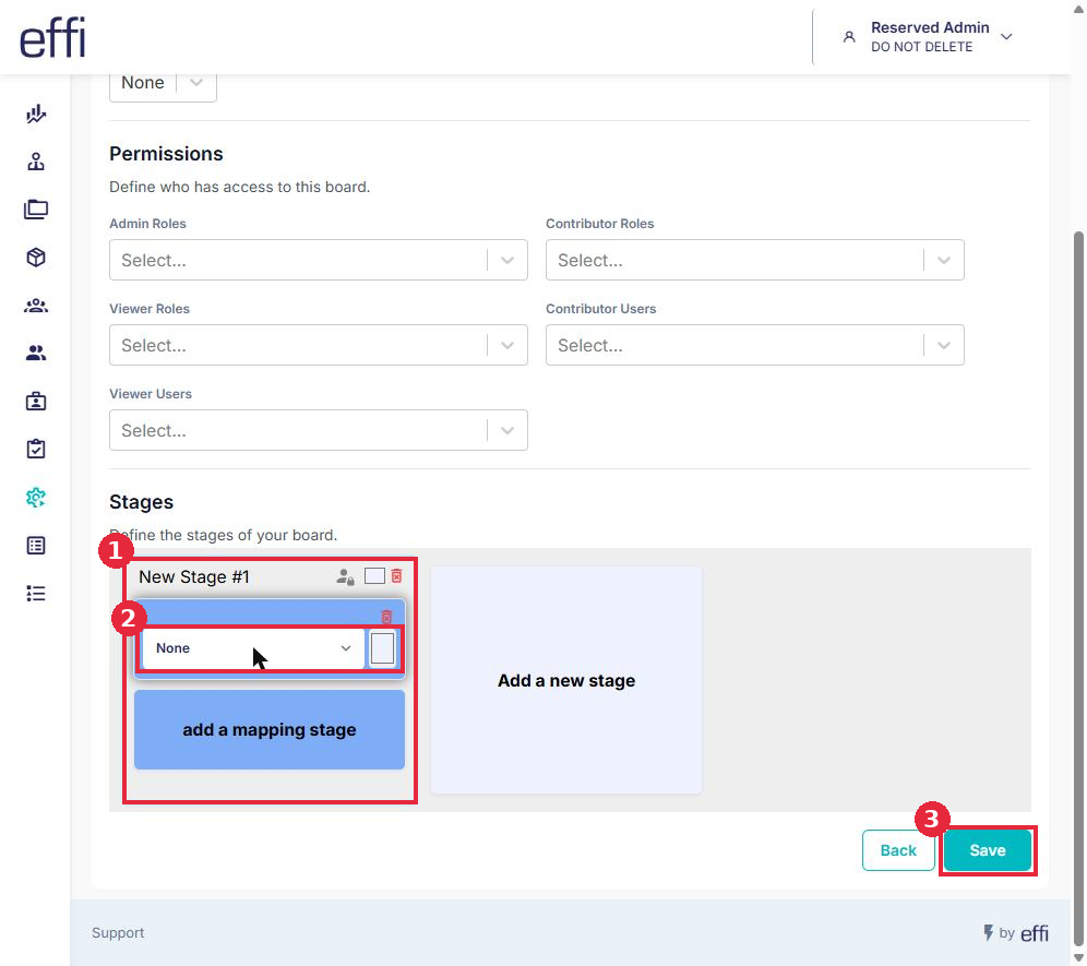 A board stage with a mapping stage dropdown and Save highlighted