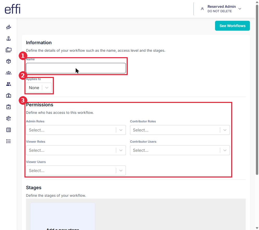 The Add Workflow form, showing the Name, Applies to and Permissions fields