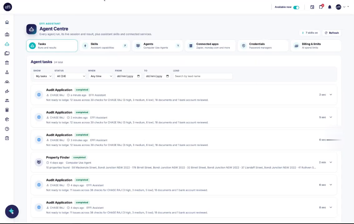 The Tasks tab, listing completed agent runs