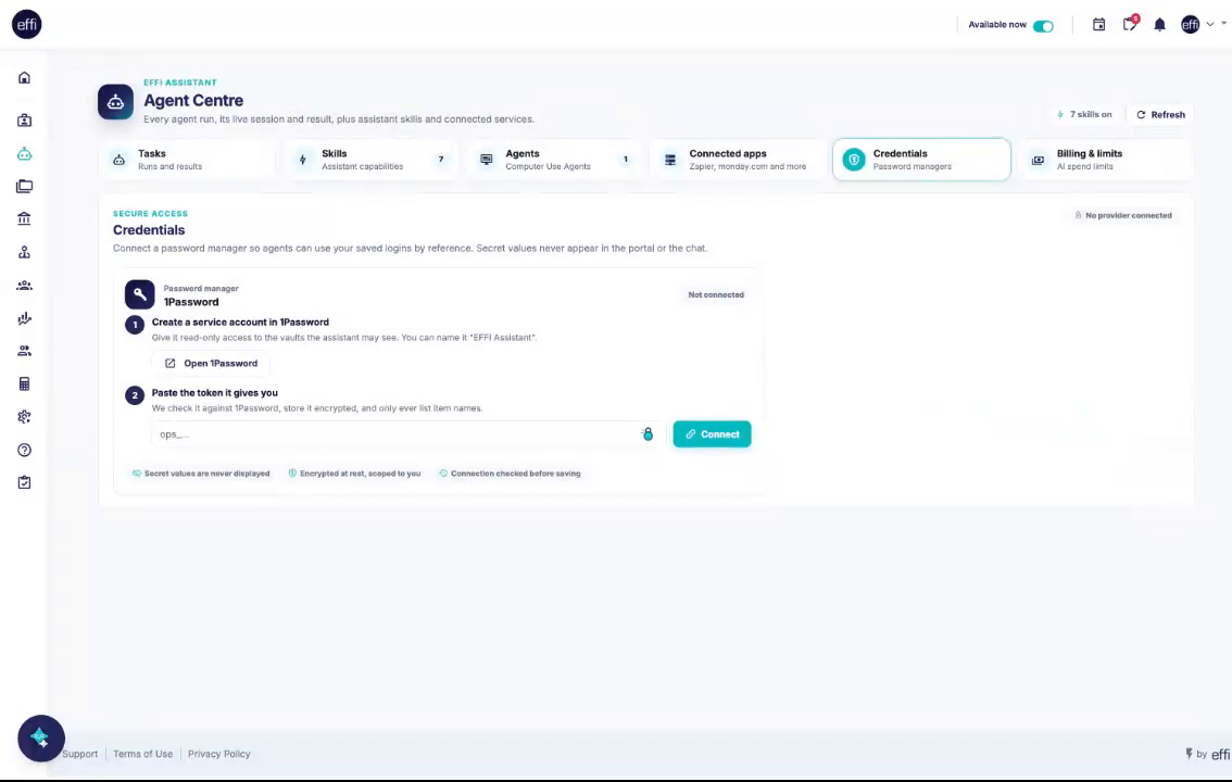 The Credentials tab, connecting 1Password