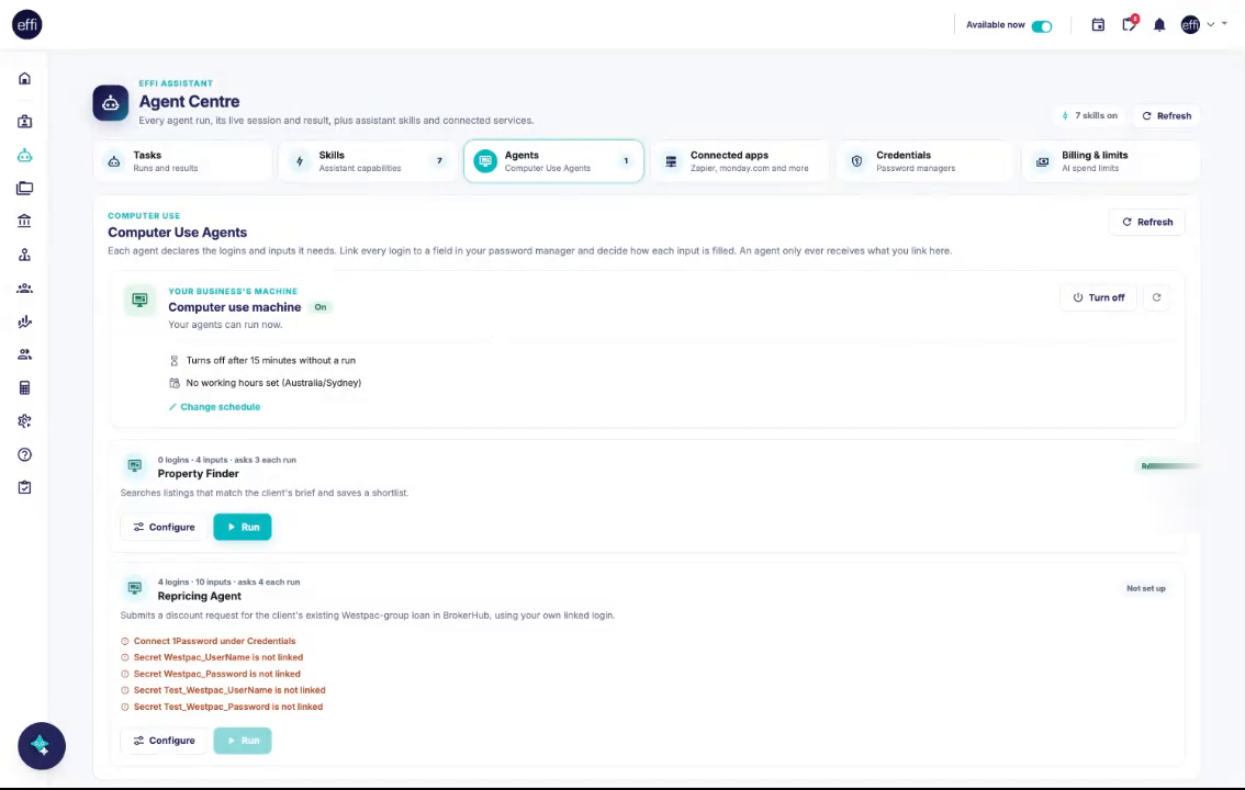 The Agents tab, showing the computer use machine, Property Finder and Repricing Agent