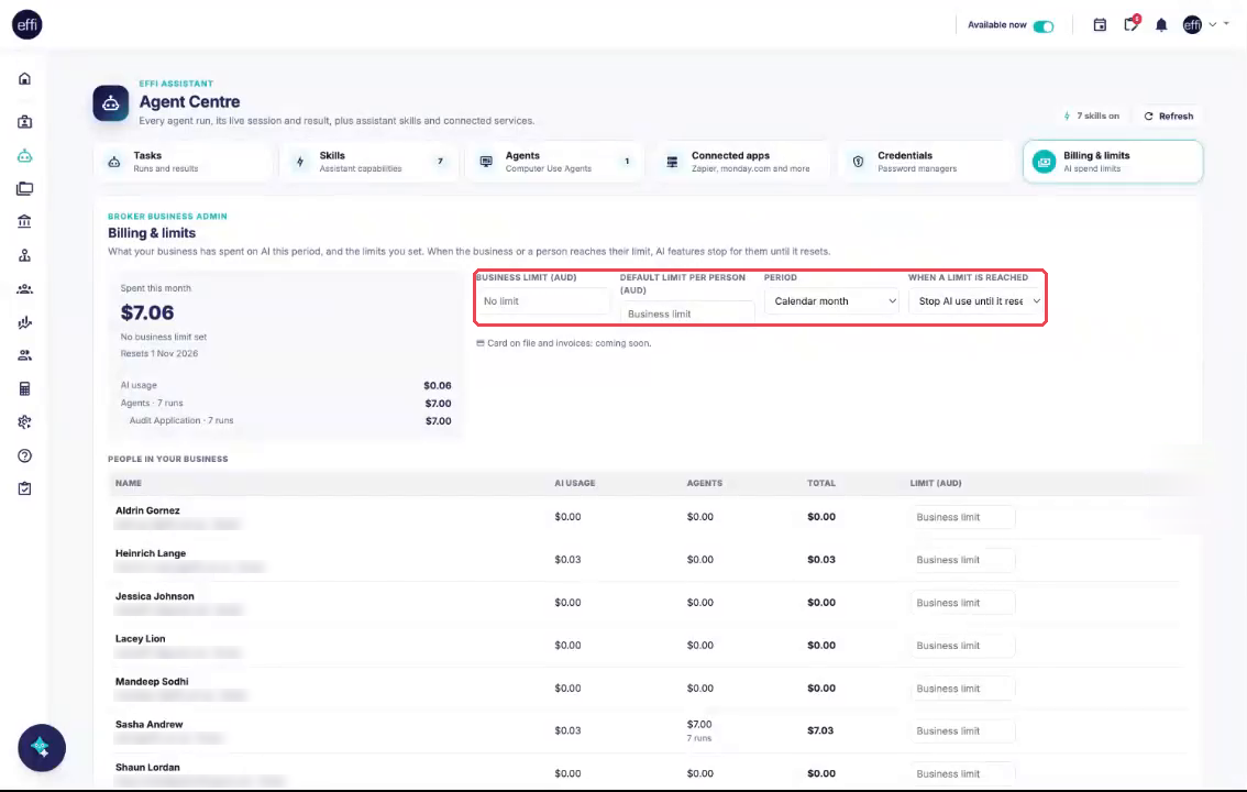 The Billing & limits tab