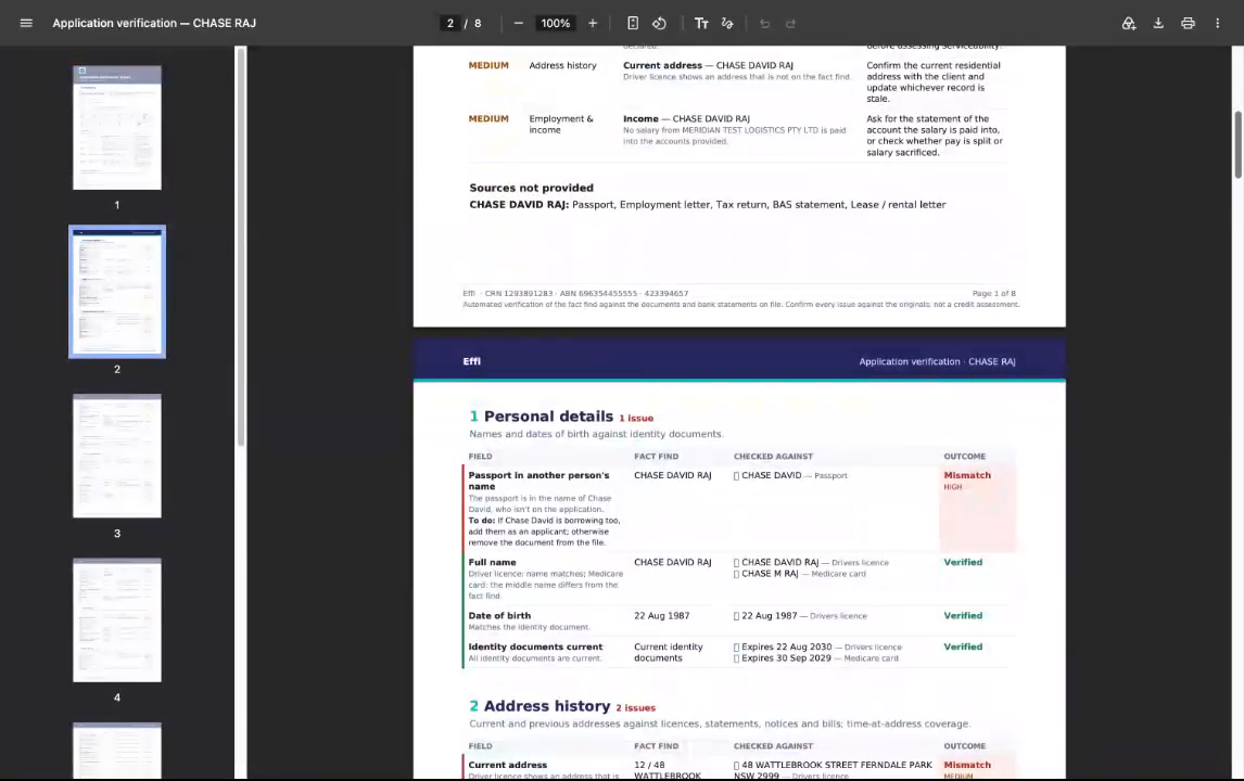 Detail pages of the Application verification report